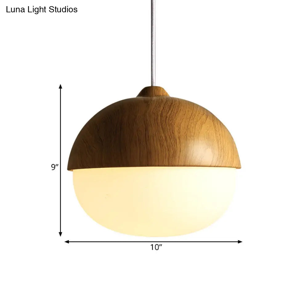 Wooden Pendant Light With Oval Ivory Glass Shade - Simple Bowl Style In Brown