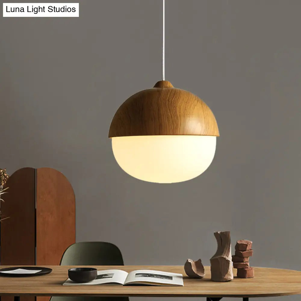 Simple Wooden Pendant Light With Ivory Glass Shade In Brown