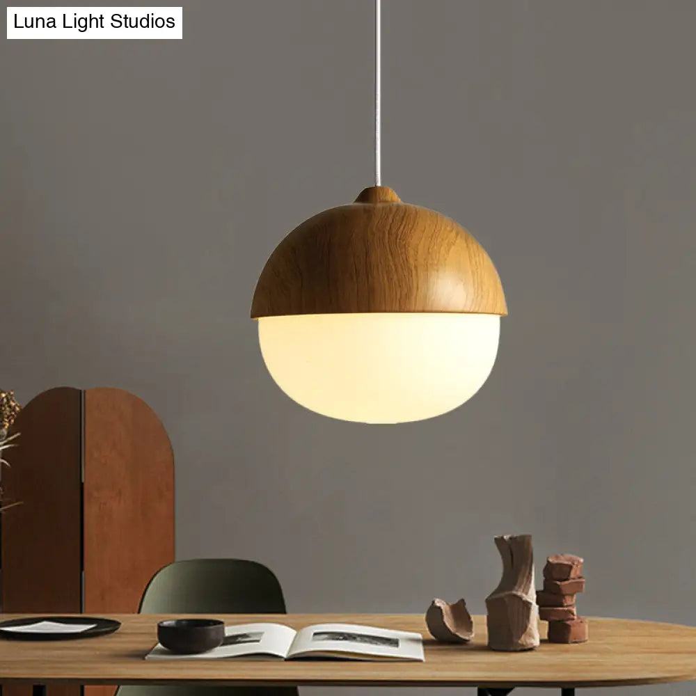 Wooden Pendant Light With Oval Ivory Glass Shade - Simple Bowl Style In Brown