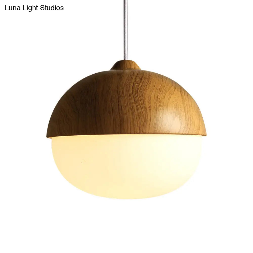 Wooden Pendant Light With Oval Ivory Glass Shade - Simple Bowl Style In Brown