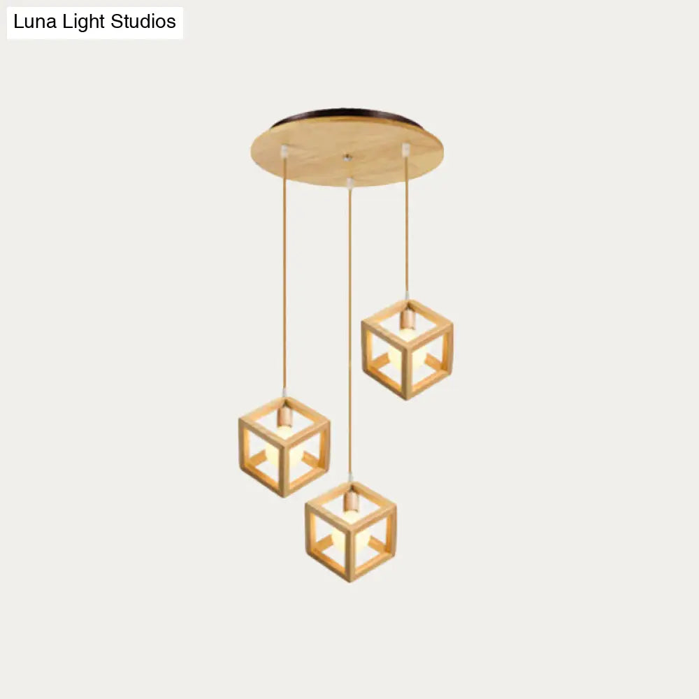 Modern Square Shaped Wooden Pendant Light - 3 Bulb Multi Fixture For Kitchen Wood / Round