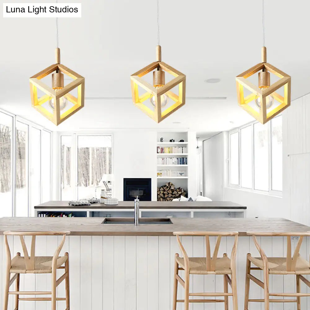 Simple Wooden Square Pendant Light With 3 Multi-Lights For Kitchen