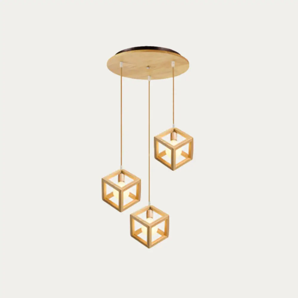 Simple Wooden Square Pendant Light With 3 Multi-Lights For Kitchen Wood / Round