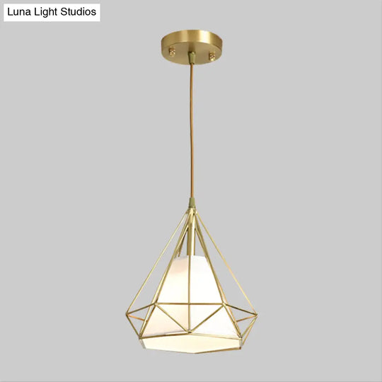 Simplicity 1-Head Brass Diamond Cage Pendant Light With Flaxen Inner Fabric Shade