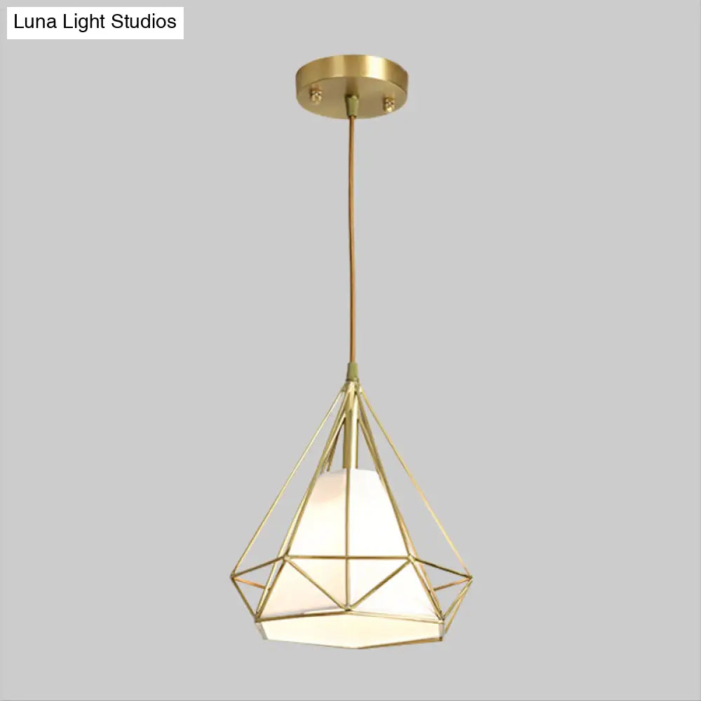 Simplicity Brass Diamond Cage Pendant Light With Flaxen Fabric Shade - Metallic Suspension Lamp