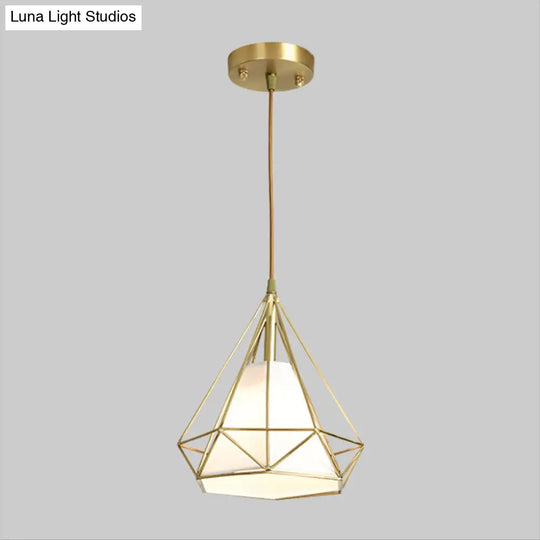 Simplicity Brass Diamond Cage Pendant Light With Flaxen Fabric Shade - Metallic Suspension Lamp