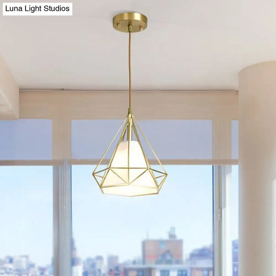 Simplicity Brass Diamond Cage Pendant Light With Flaxen Fabric Shade - Metallic Suspension Lamp