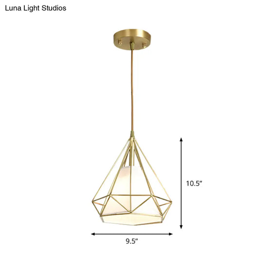 Simplicity 1-Head Brass Diamond Cage Pendant Light With Flaxen Inner Fabric Shade