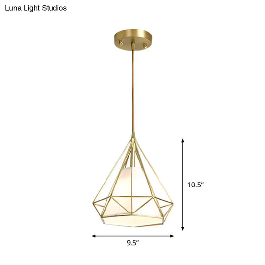 Simplicity Brass Diamond Cage Pendant Light With Flaxen Fabric Shade - Metallic Suspension Lamp