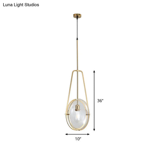 Sleek Gold Elliptical Hanging Ceiling Light With Clear Glass Drop - Ideal For Dining Room 1 Head