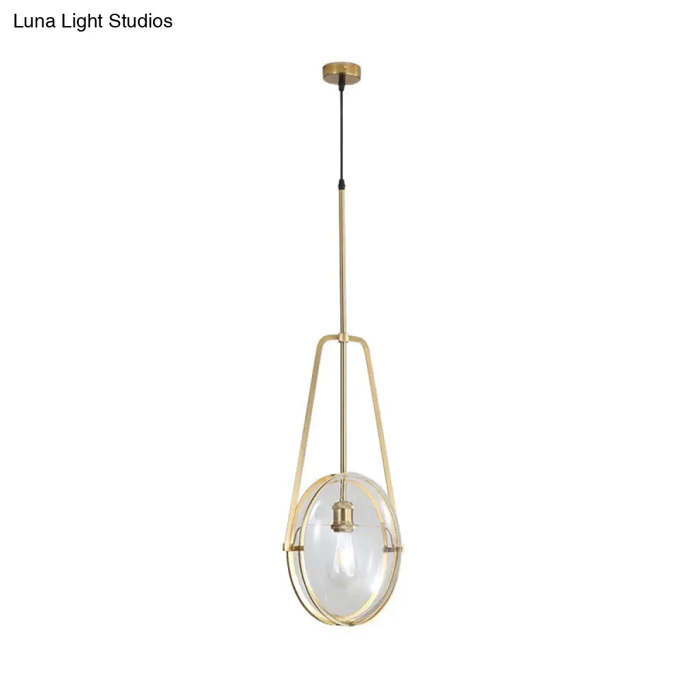 Sleek Gold Elliptical Hanging Ceiling Light With Clear Glass Drop - Ideal For Dining Room 1 Head