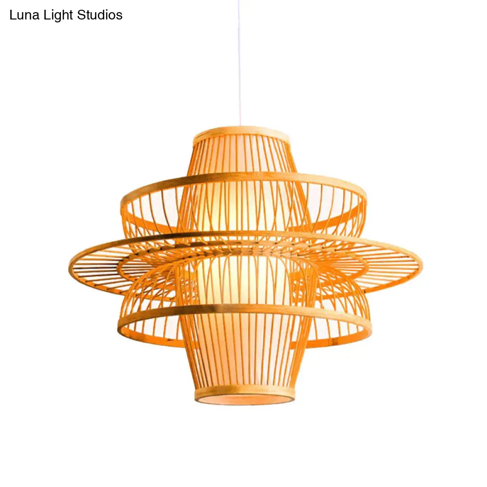 Simplicity 1-Light Bamboo Wood Pendant Light Fixture For Bedroom - Symmetrical Suspension