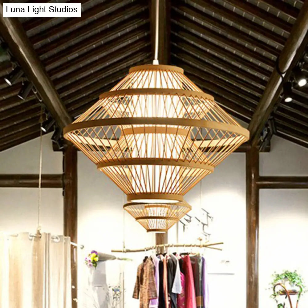 Simplicity 1-Light Bamboo Wood Pendant Light Fixture For Bedroom - Symmetrical Suspension