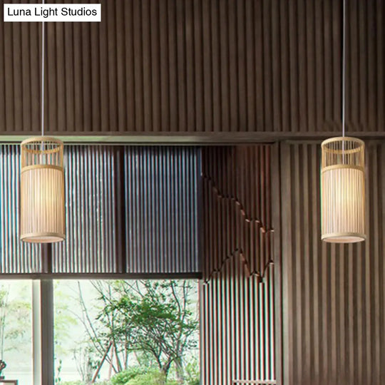 Simplicity 1-Light Bamboo Wood Pendant Light Fixture For Bedroom - Symmetrical Suspension