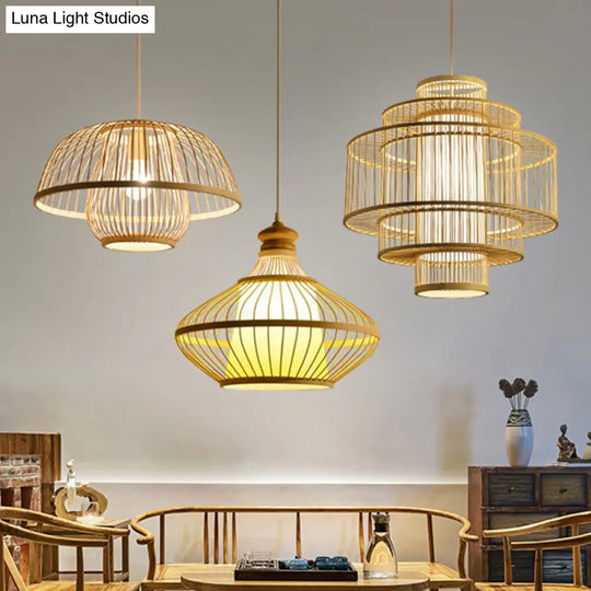 Simplicity 1-Light Bamboo Wood Pendant Light Fixture For Bedroom - Symmetrical Suspension