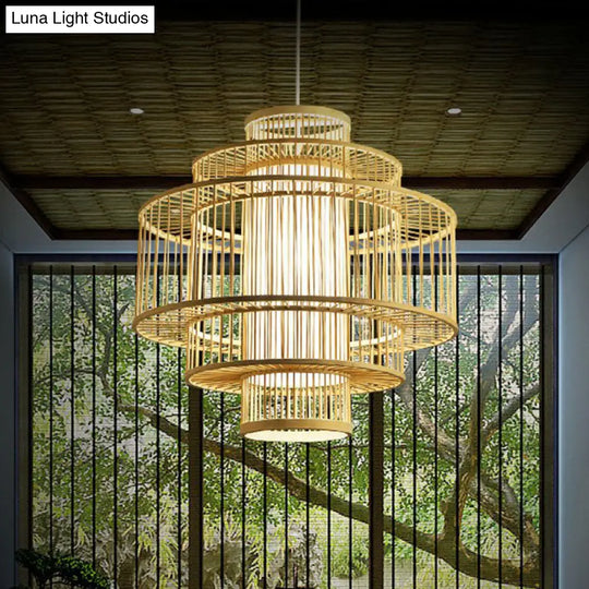 Simplicity 1-Light Bamboo Wood Pendant Light Fixture For Bedroom - Symmetrical Suspension