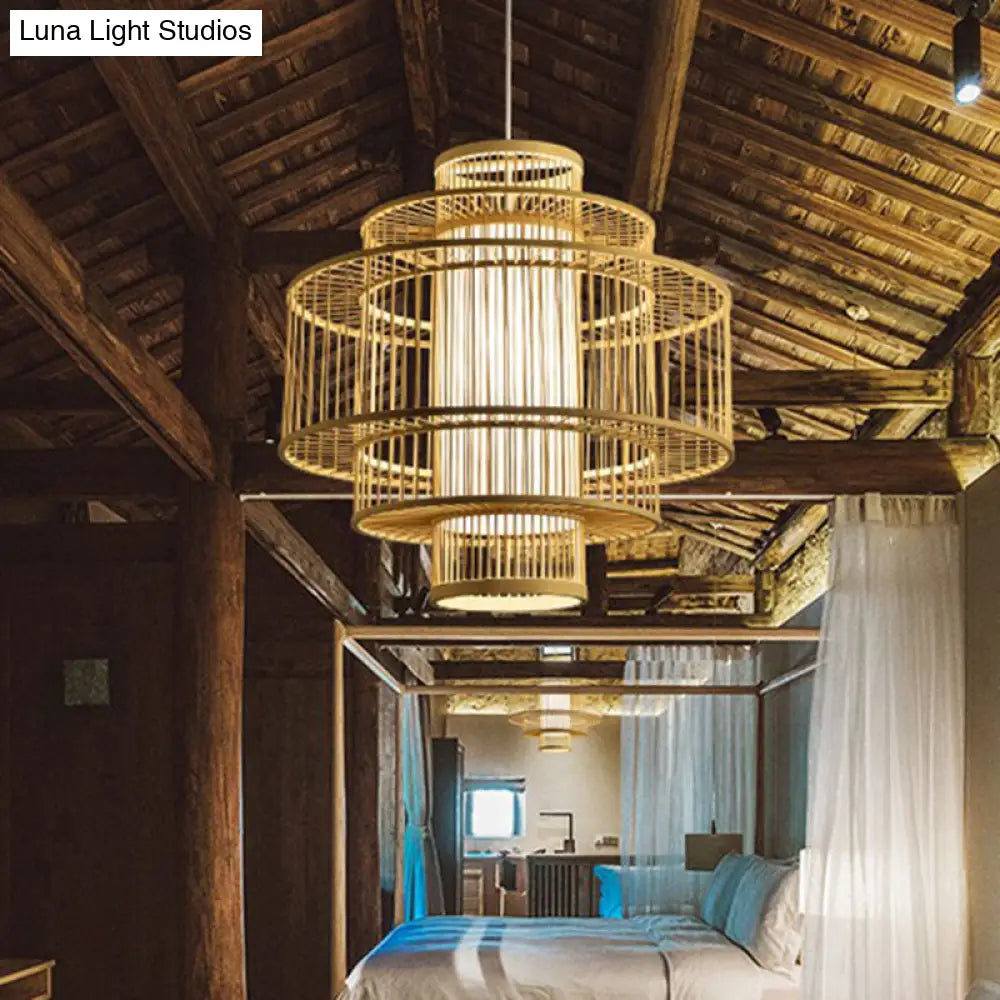 Simplicity 1-Light Bamboo Wood Pendant Light Fixture For Bedroom - Symmetrical Suspension