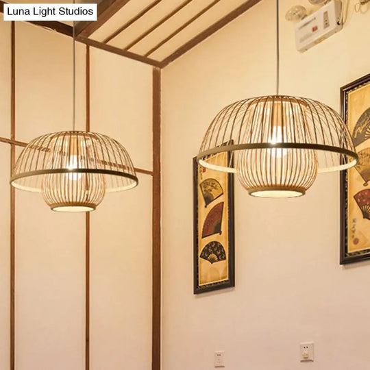 Simplicity 1-Light Bamboo Wood Pendant Light Fixture For Bedroom - Symmetrical Suspension