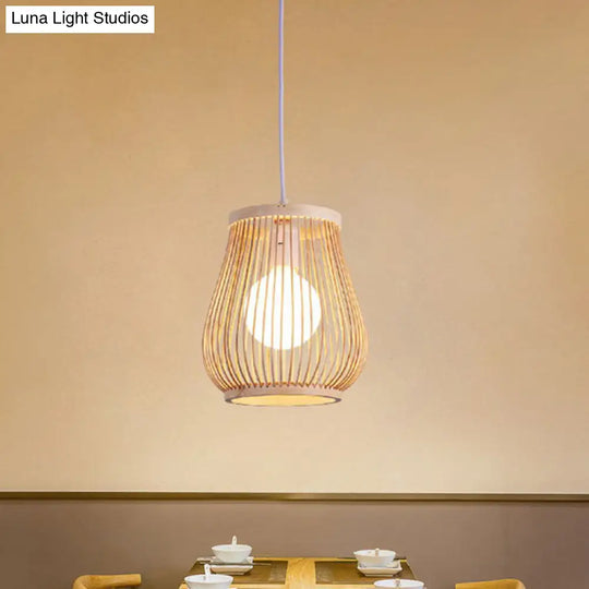 Simplicity 1-Light Bamboo Wood Pendant Light Fixture For Bedroom - Symmetrical Suspension