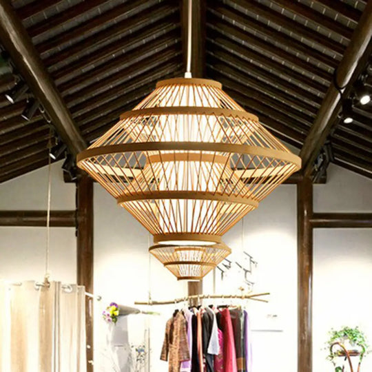 Simplicity 1-Light Bamboo Wood Pendant Light Fixture For Bedroom - Symmetrical Suspension / B