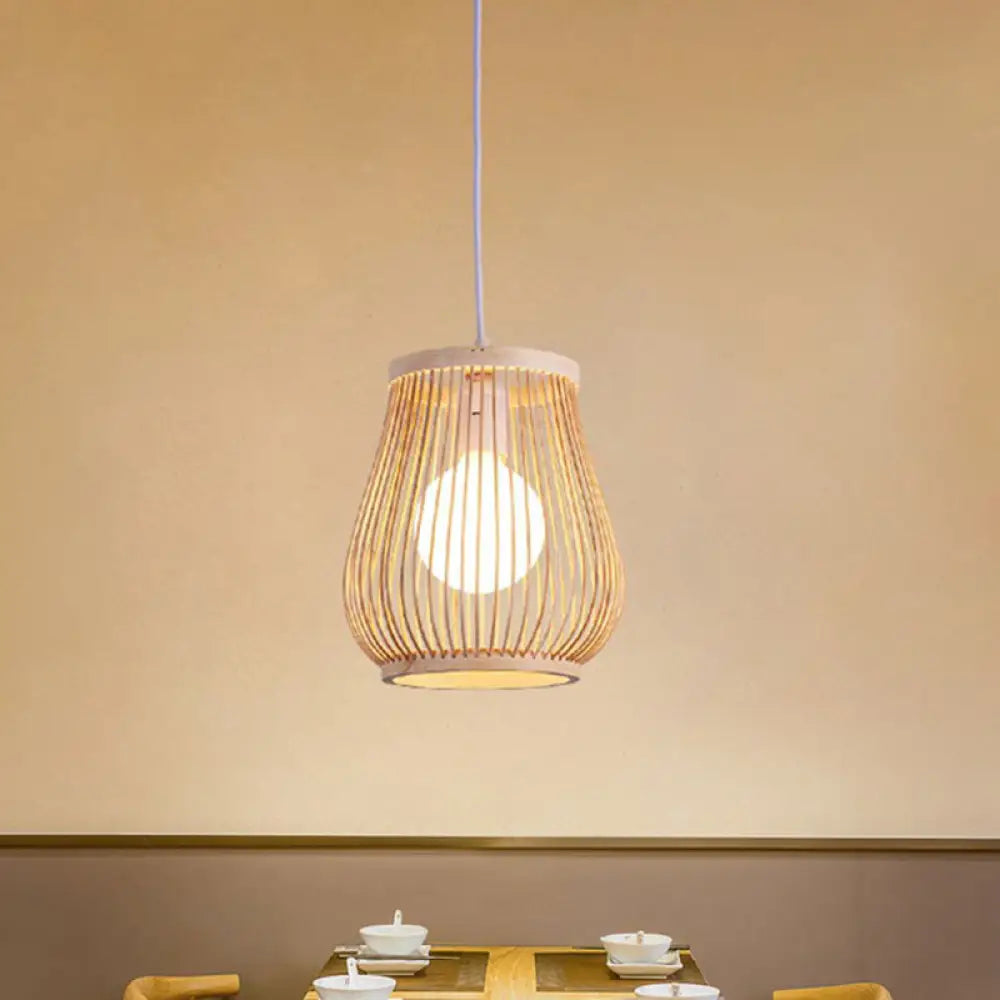 Simplicity 1-Light Bamboo Wood Pendant Light Fixture For Bedroom - Symmetrical Suspension / H