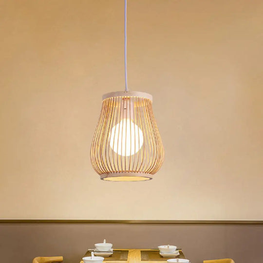 Simplicity 1-Light Bamboo Wood Pendant Light Fixture For Bedroom - Symmetrical Suspension / H