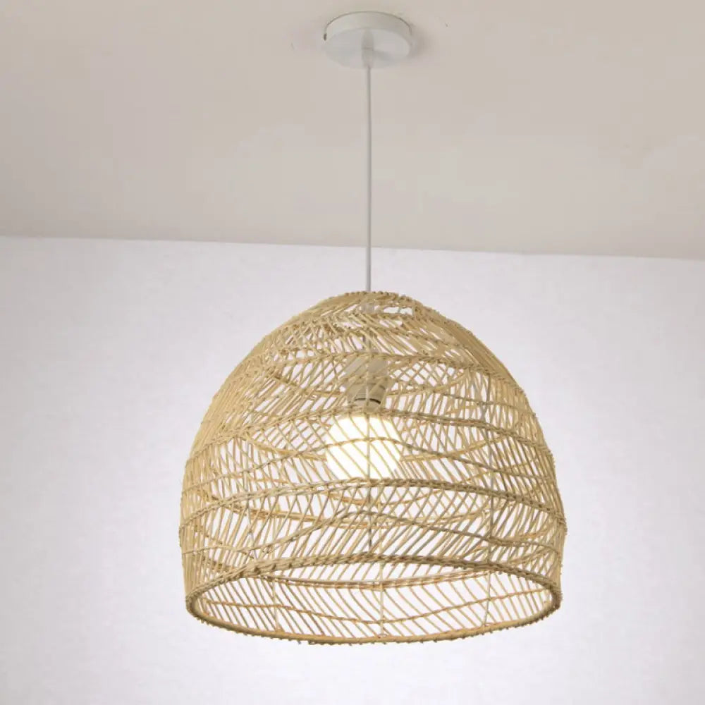 Simplicity 1-Light Rattan Bell Shade Pendant Light - Wood Suspension Lighting Fixture / 12 B