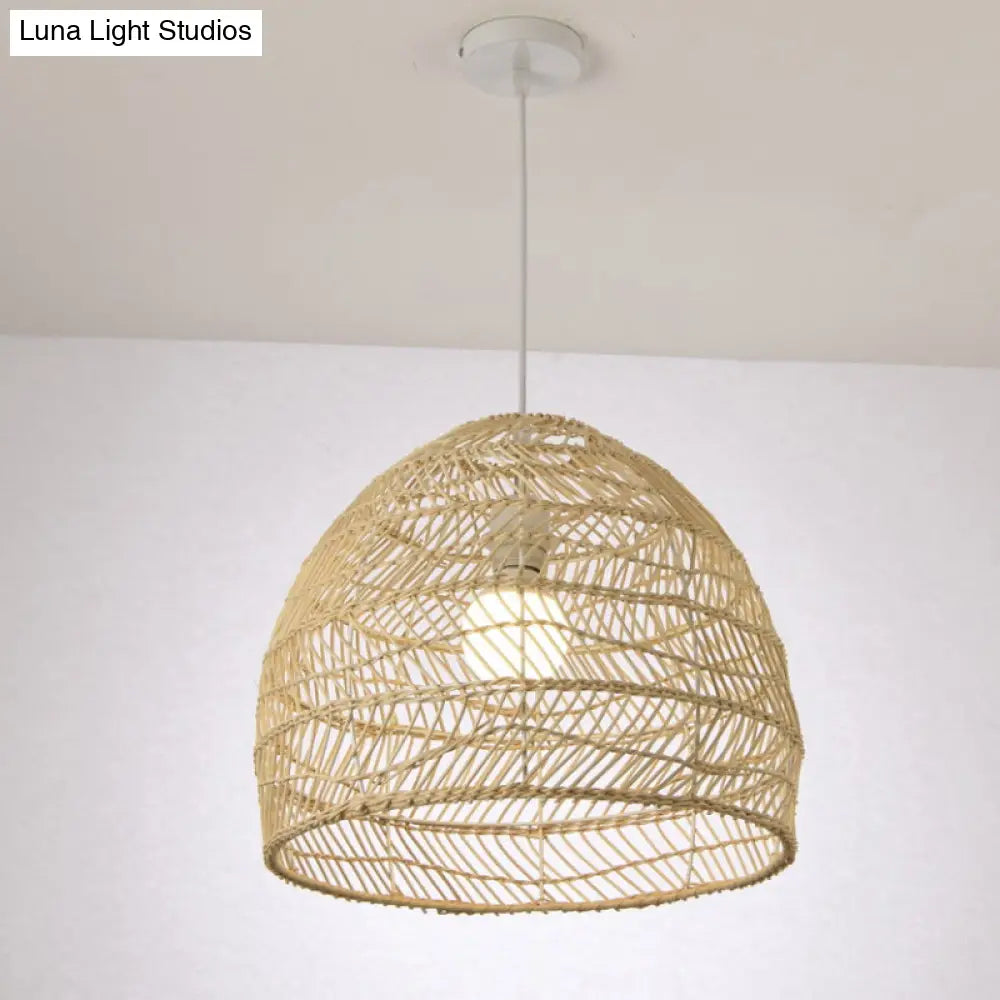 Simplicity 1-Light Rattan Bell Shade Pendant Light - Wood Suspension Lighting Fixture