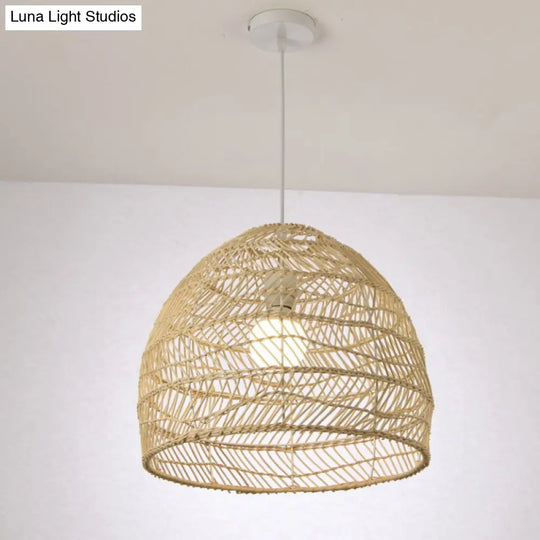 Simplicity 1-Light Rattan Bell Shade Pendant Light - Wood Suspension Lighting Fixture