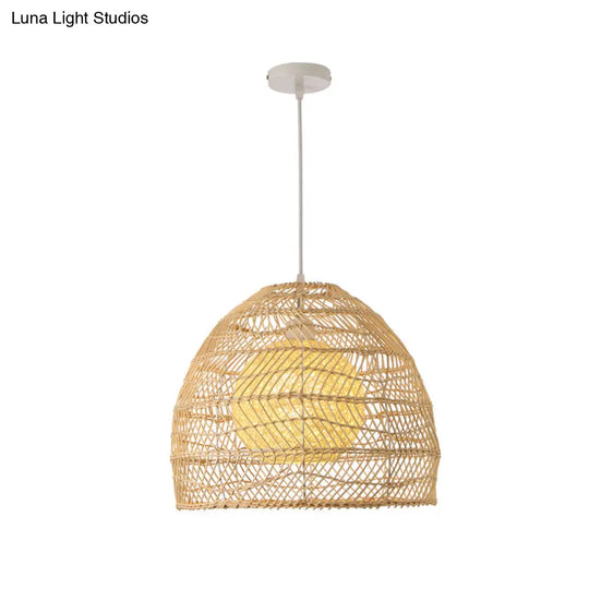 Simplicity 1-Light Rattan Bell Shade Pendant Light - Wood Suspension Lighting Fixture