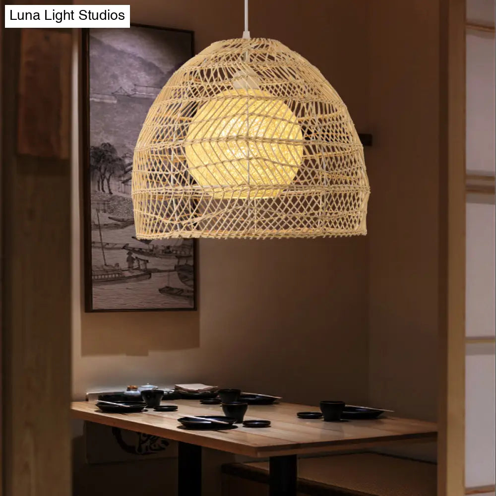 Simplicity 1-Light Rattan Bell Shade Pendant Light - Wood Suspension Lighting Fixture