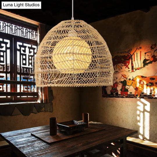 Simplicity 1-Light Rattan Bell Shade Pendant Light - Wood Suspension Lighting Fixture