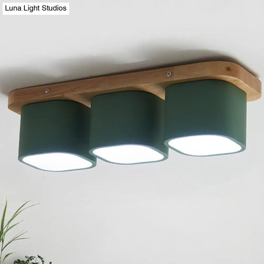 Simplicity 3-Bulb Iron Flush Mount Ceiling Fixture With Wooden Canopy - Green Square Design In