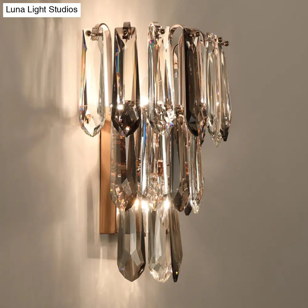 Simplicity 3-Head Wall Mount Sconce Light For Hallway - Clear And Smoke Crystal Tiers