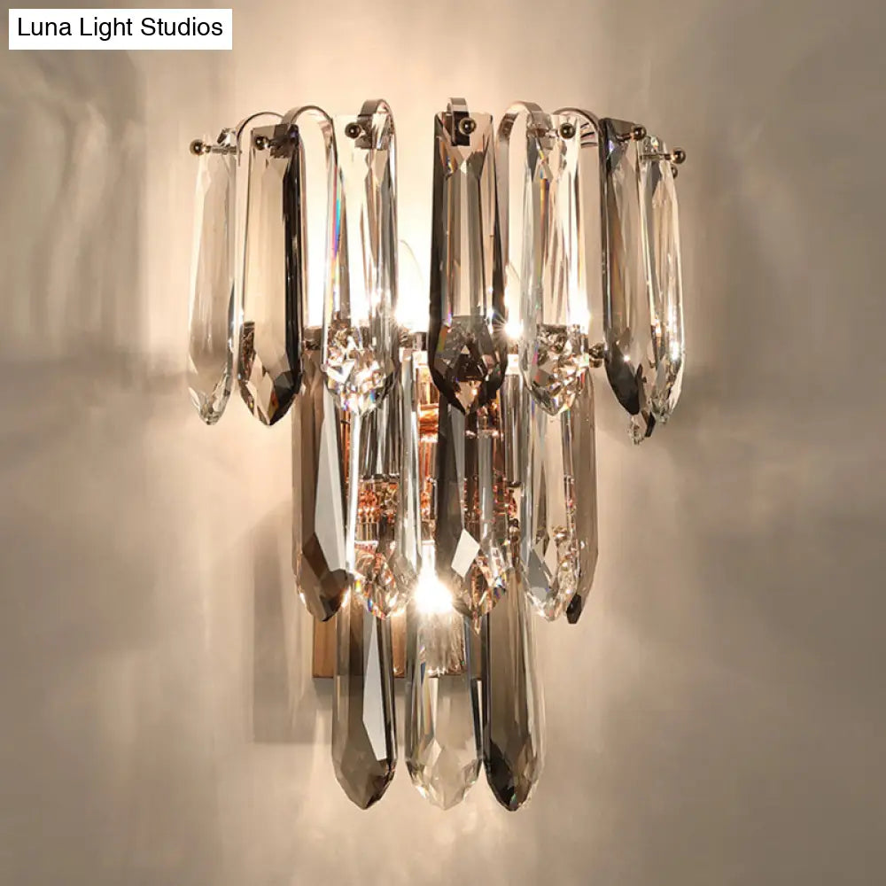 Simplicity 3-Head Wall Mount Sconce Light For Hallway - Clear And Smoke Crystal Tiers