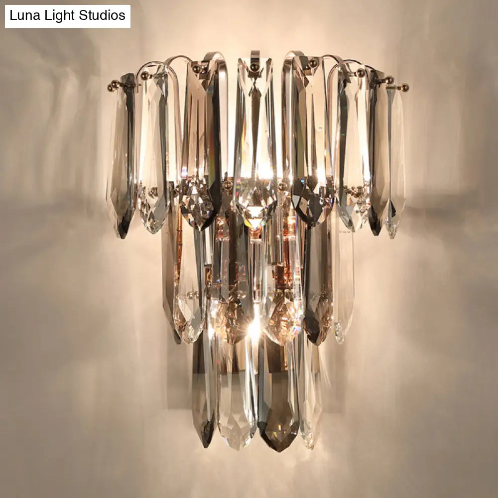 Simplicity 3-Head Wall Mount Sconce Light For Hallway - Clear And Smoke Crystal Tiers