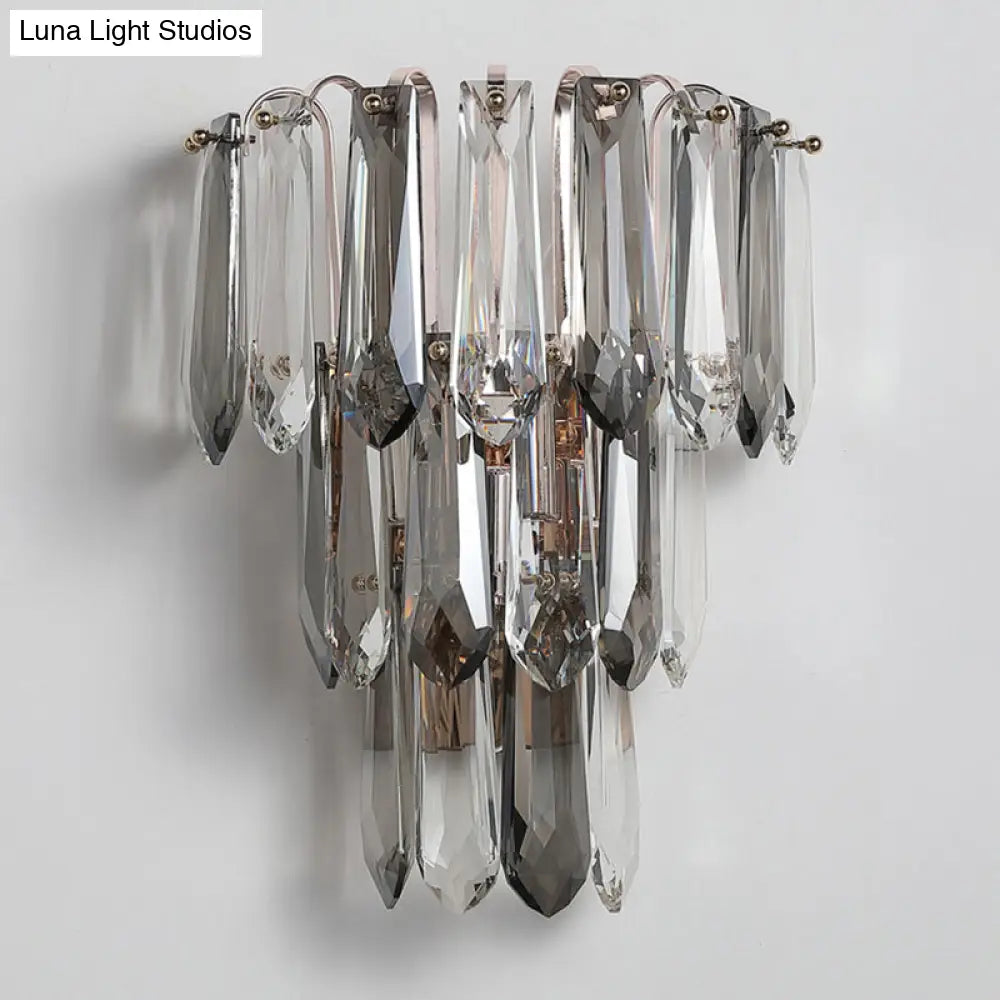 Simplicity 3-Head Wall Mount Sconce Light For Hallway - Clear And Smoke Crystal Tiers