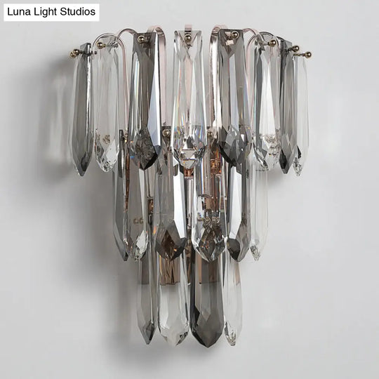 Simplicity 3-Head Wall Mount Sconce Light For Hallway - Clear And Smoke Crystal Tiers