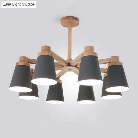 Modern 8-Light Wood Chandelier With Metal Barrel Shade Pendant Kit Grey