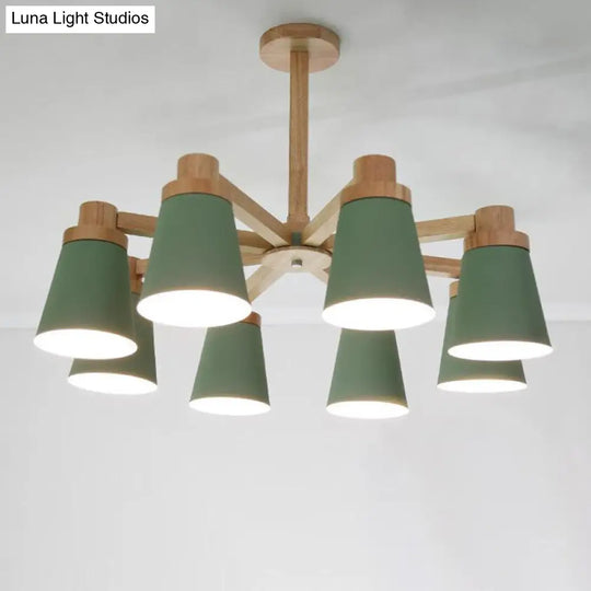 Modern 8-Light Wood Chandelier With Metal Barrel Shade Pendant Kit Green