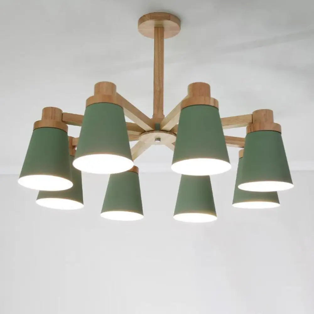 Simplicity 8-Light Wood Radial Chandelier Pendant Lighting Kit With Metal Barrel Shade Green