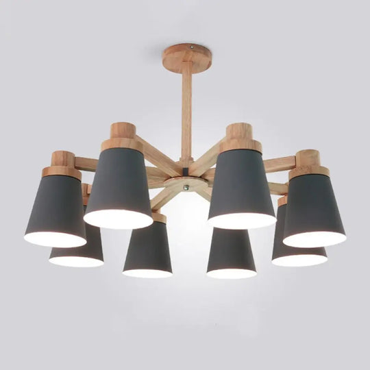 Simplicity 8-Light Wood Radial Chandelier Pendant Lighting Kit With Metal Barrel Shade Grey