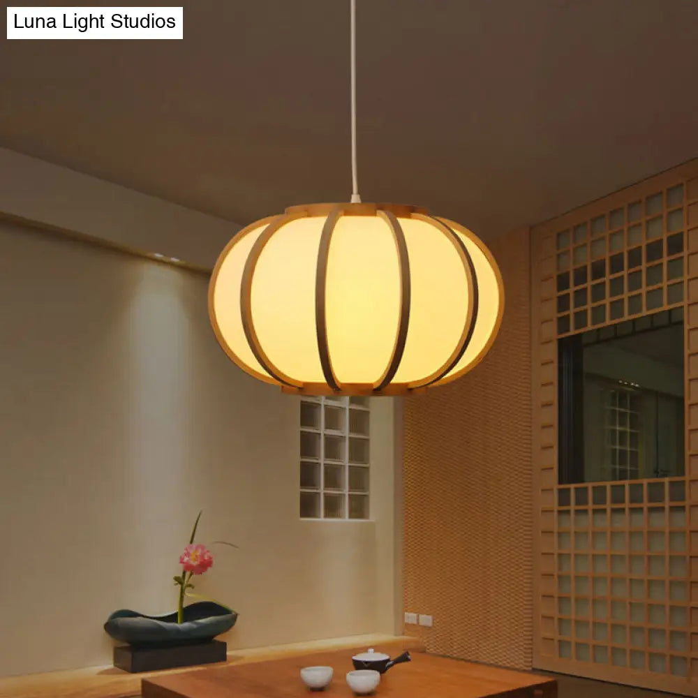 Simplicity Bamboo Curved Drum Suspension Pendant Light - 1-Light Tea Room Wood Design