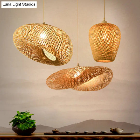 Simplicity Bamboo Pendant Light - 1-Light Wood Woven Suspension Lighting For Tea Room