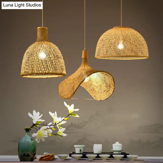 Simplicity Bamboo Pendant Light - 1-Light Wood Woven Suspension Lighting For Tea Room