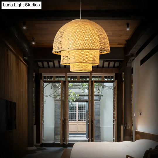 Simplicity Bamboo Pendant Light - 1-Light Wood Woven Suspension Lighting For Tea Room