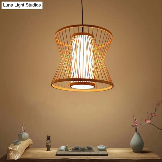 Simplicity Bamboo Pendant Light Fixture With Wood Hourglass Frame And Shaded Suspension Design