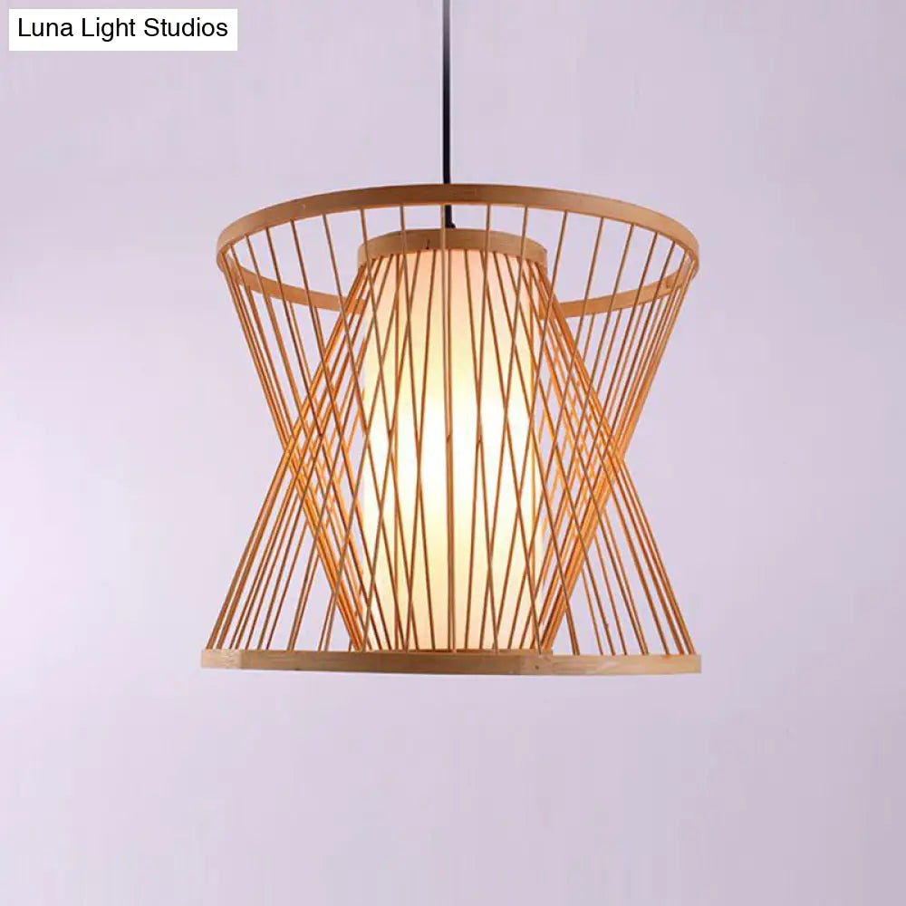 Simplicity Bamboo Pendant Light Fixture With Wood Hourglass Frame And Shaded Suspension Design