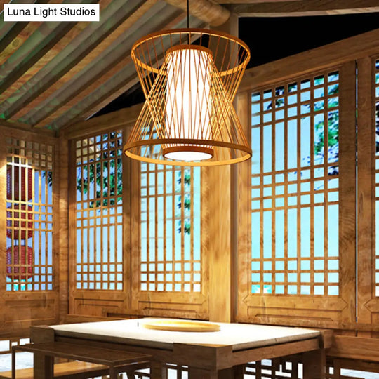 Simplicity Bamboo Pendant Light Fixture With Wood Hourglass Frame And Shaded Suspension Design