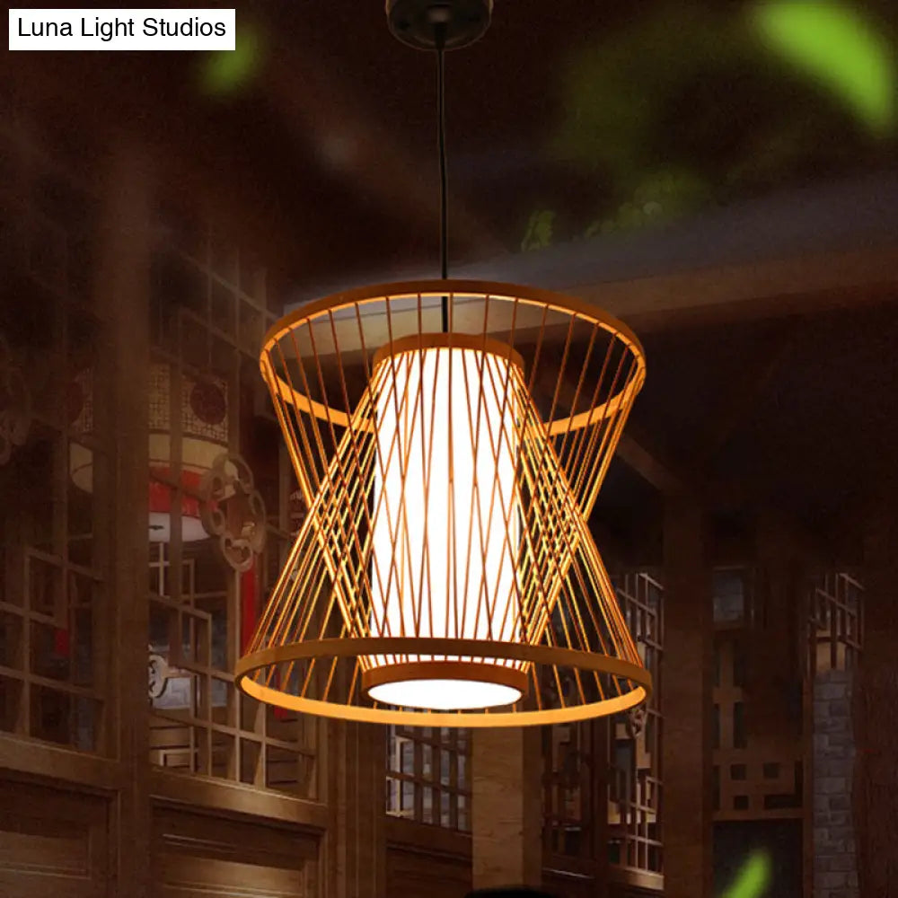 Simplicity Bamboo Pendant Light Fixture With Wood Hourglass Frame And Shaded Suspension Design